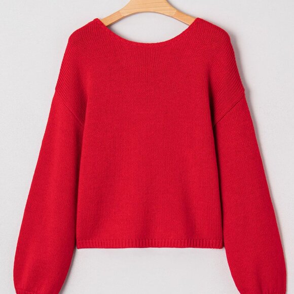 B346 Fiery Red Festive Bow Backless Bubble Sleeve Sweater - Picture 3 of 6